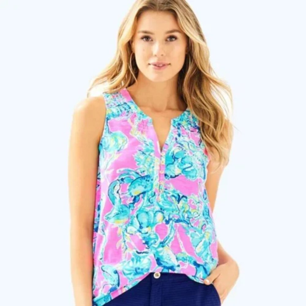 Lilly Pulitzer Essie Lobsters Tank Top Pink Green Blue FLAWED Size Small Novelty